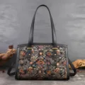 Vintage floral tapestry shoulder bag for women, elegant black leather trim Boston handbag. - Glitter Black