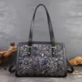 Elegant vintage embroidered shoulder bag for women, large capacity boston tote handbag. - Indigo Black