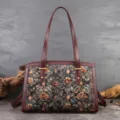 Vintage floral embroidered shoulder bag for women with leather trim large capacity - Golden Coffee