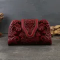 Vintage embossed leather evening clutch bag for women, elegant retro party shoulder handbag. - Burgundy