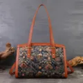 Vintage floral embroidered tote bag for women, large capacity stylish shoulder handbag. - Gilded Brown