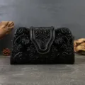 Black vintage embossed leather evening clutch bag for women banquets wedding party stylish handbag - Black