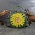 Vintage genuine leather round handbag for women, retro green sunflower embossed crossbody bag. - Green