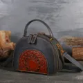 Retro genuine cowhide leather handbag with ethnic embossed mandala pattern and shoulder strap. - Graphite Grey