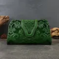 Vintage embossed genuine leather evening handbag, floral tooling clutch for party. - Green