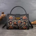 Vintage Floral Handbag Retro Brocade Shoulder Bag Black Leather Trim Top Handle Tote - Glitter Black