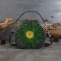 Vintage genuine leather round shoulder bag with embossed green flower, stylish crossbody purse for women. - Gray