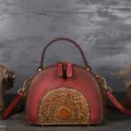 Vintage genuine leather handbag for women, ethnic embossed crossbody shoulder bag top cowhide - Bean Paste Red