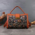 Vintage Floral Tapestry Handbag Retro Top Handle Crossbody Bag for Women Brown Leather Trim - Gilded Brown