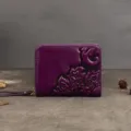 Vintage embossed genuine leather women's wallet with zipper coin purse and card slots. - Purple