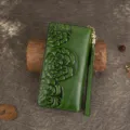 Genuine leather women's long wallet retro embossed floral clutch purse with wrist strap bag. - Green