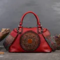 Red vintage embossed leather tote bag with ethnic strap large capacity women handbag SKU - Red