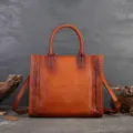Vintage genuine leather tote bag for women, retro brown shoulder crossbody handbag with braided details. - Brown