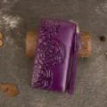 Genuine leather long wallet for women retro embossed wristlet purse clutch bag - Purple