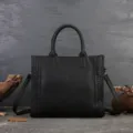 Black genuine leather tote bag for women, stylish vintage shoulder cross-body bag with woven details. - Black