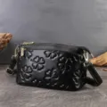 Black genuine leather crossbody bag for women, cute clover embossed shoulder bag with gold hardware. - Lucky Clover