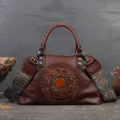 Vintage embossed leather tote bag with ethnic strap, large capacity commuter shoulder bag. - Coffee