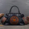 Elegant dark blue leather handbag with embossed mandala pattern and ethnic wide strap. - Blue Gray