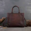 Dark brown leather tote bag, vintage top grain cowhide shoulder handbag with side woven details. - Coffee