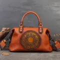 Vintage genuine leather tote bag with embossed mandala pattern, stylish brown shoulder handbag for women. - Brown
