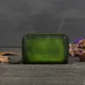 Vintage Genuine Leather Mini Zipper Card Holder Retro Solid Color Coin Purse Small Wallet - Green