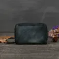Genuine leather zipper mini card wallet, vintage soft cowhide coin purse with multiple slots. - Gray