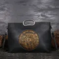 Vintage Cowhide Leather Handbag Women Retro Totem Embossed Shoulder Bag Large Capacity - Graphite Grey