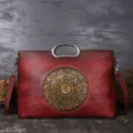 Vintage genuine leather handbag for women, large capacity tote bag with retro carved mandala. - Bean Paste Red