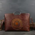 Vintage top layer cowhide women handbag retro brown leather shoulder bag with metal handle. - Coffee