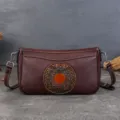 Vintage genuine leather shoulder bag, casual crossbody baguette bag featuring embossed mandala. - Coffee