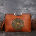 Vintage genuine cowhide leather handbag for women, large capacity retro tote with mandala totem. - Fallen Orange Brown