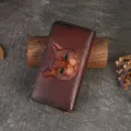 Vintage cat embossed leather long wallet, large capacity zipper clutch bag for women. - Brown