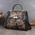 Vintage floral embroidered leather Kelly bag, top handle shoulder crossbody bag for women. - Glitter Black