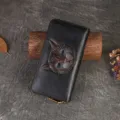 Black leather long wallet featuring 3D embossed cat face design with zipper and card slots. - Gray