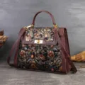 Vintage floral embroidered leather handbag Kelly bag brown top handle crossbody bag. - Golden Coffee