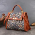 Vintage floral jacquard leather spliced top handle handbag women shoulder crossbody bag - Gilded Brown