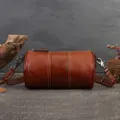 Vintage brown leather cylindrical crossbody bag for women, retro barrel shoulder handbag with strap. - Coffee