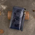Dark blue genuine leather long wallet clutch purse embossed vintage card holder wrist strap - Sapphire Blue