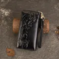 Black embossed genuine leather long wallet for women with wrist strap and zipper. - Black
