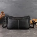 Black leather shoulder bag, vintage minimalist axillary baguette handbag for women chic style. - Black