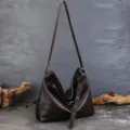 Dark brown leather hobo shoulder bag, large capacity commuting tote with vintage style and strap. - Coffee
