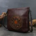 Vintage embossed leather shoulder bag with mandala pattern, stylish daily chic crossbody purse. - Coffee
