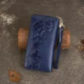 Blue embossed genuine leather long wallet for women, large capacity card holder with tassel. - Blue
