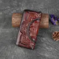 Vintage embossed genuine leather wallet, dark brown zipper long clutch bag with floral design. - Brown