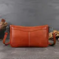 Vintage genuine leather underarm bag for women, brown baguette shoulder bag with classic design. - Brown
