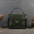 Green genuine leather vintage messenger bag, women retro envelope shoulder crossbody bag. - Green