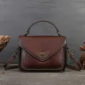 Vintage brown genuine leather women handbag, elegant envelope shoulder crossbody messenger bag. - Coffee
