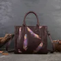 Genuine leather women handbag vintage embossed feather tote bag shoulder cross body bag. - Coffee
