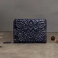Retro embossed genuine leather zip coin purse compact card holder wallet for women dark blue - Blue