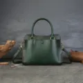 Dark green genuine leather women handbag, vintage top handle tote bag with strap. - Green